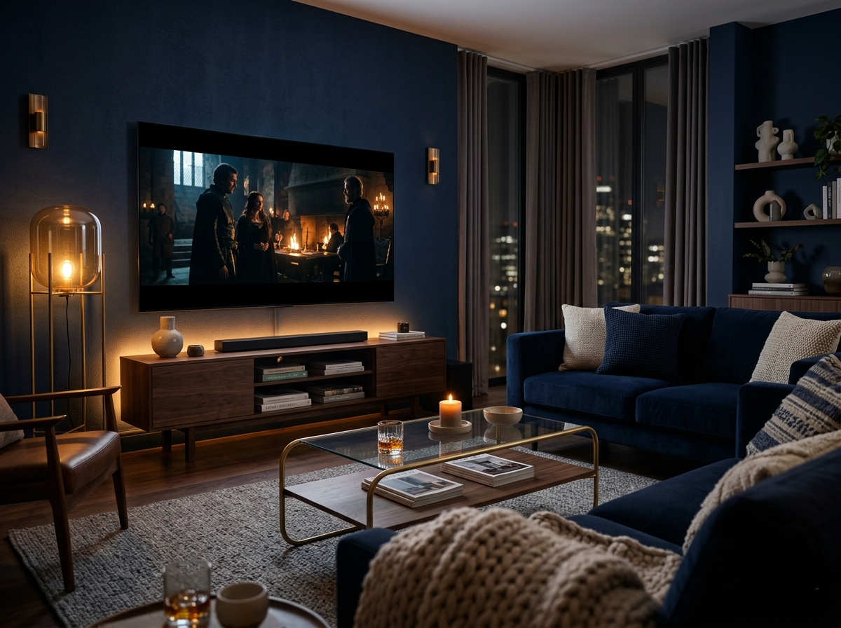 Luksuriøst streaming setup med Nordic IPTV på stor Smart TV